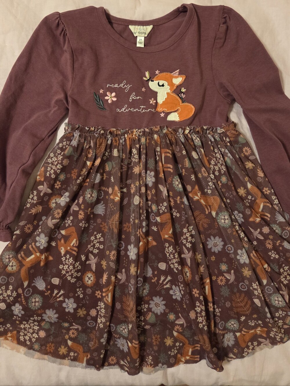 Girls' 2T Dusty Mauve Fox Print Long-Sleeve Dress